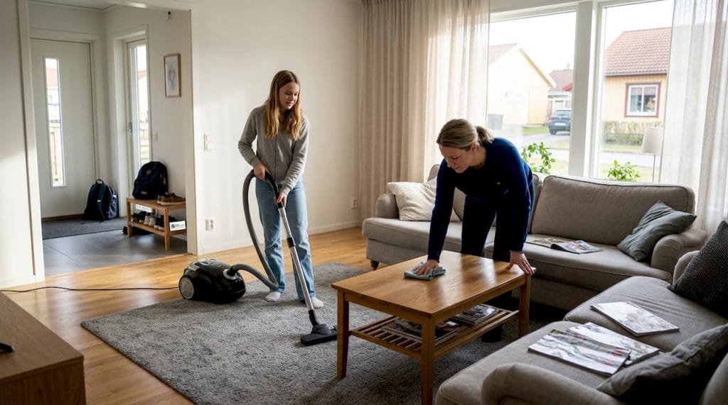 Hela familjen städar vardagsrummet tillsammans på ett självklart och avslappnat sätt.