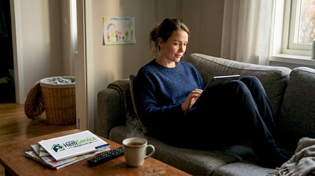 En kvinna sitter i vardagsrummet och läser igenom recensioner