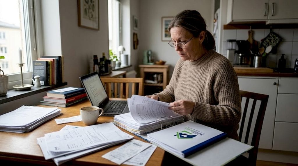 Kvinna går igenom och värderar dödsbo vid köksbordet