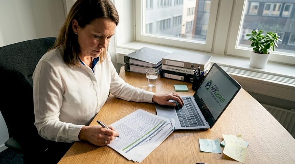 Chefen går igenom städrutinerna för kontoret vid sitt ekbord.
