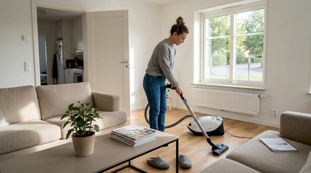 Någon dammsuger vardagsrummet hemma i Varberg.