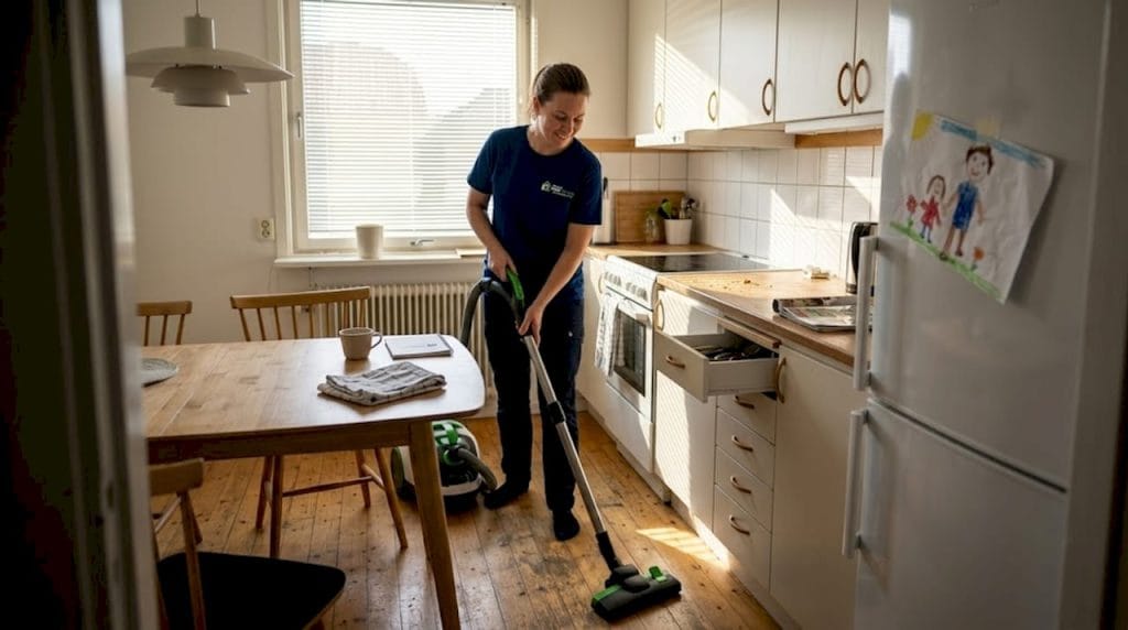 En städare suger upp smulor i köket i en svensk villa.