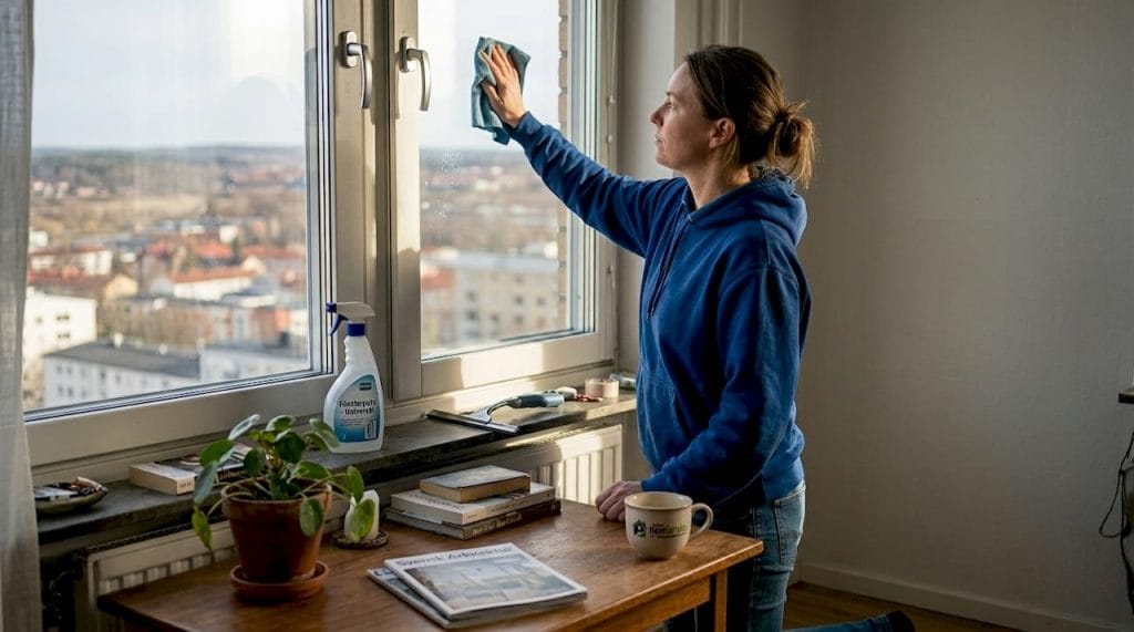 Någon putsar fönstren i sin vardagsrumslägenhet.