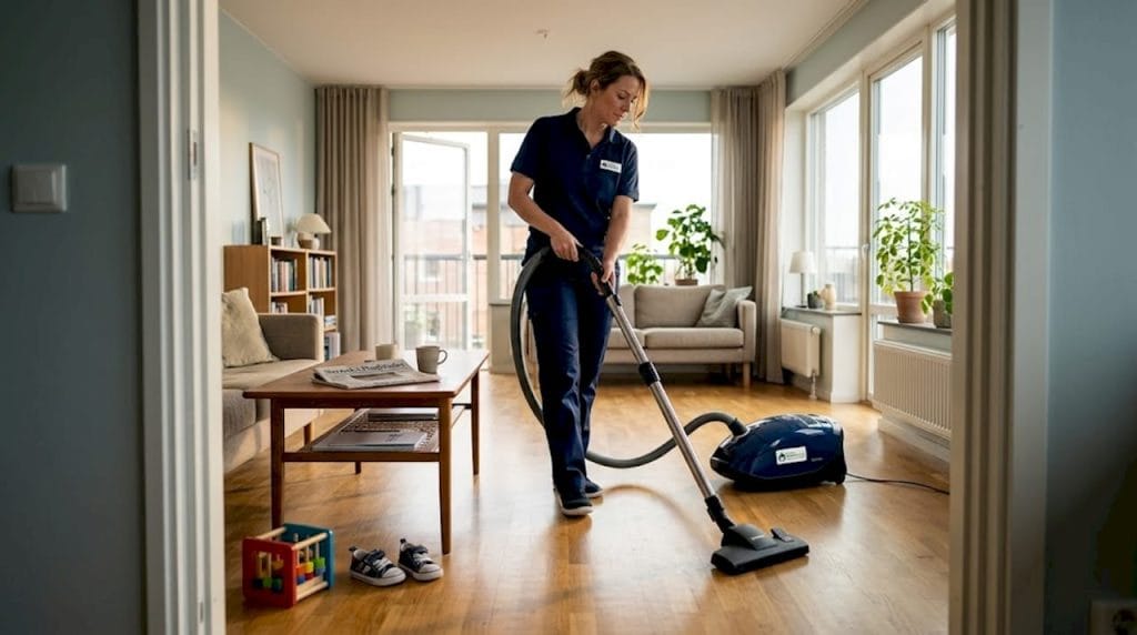 En städare går runt med dammsugaren i vardagsrummet i en typisk svensk lägenhet.