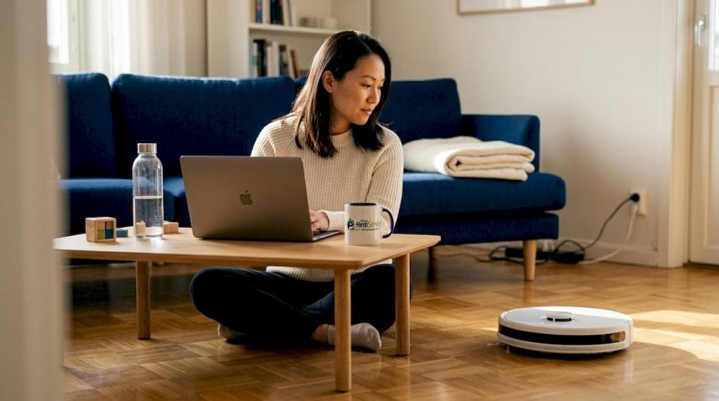 En kvinna står och tittar på när robotdammsugaren snurrar runt i det ljusa vardagsrummet.