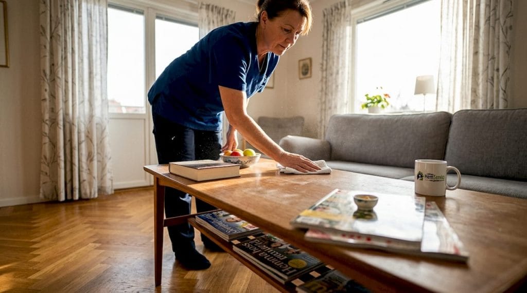 Städfirmans personal tar hand om vardagsrummen hos kunder i Varberg.