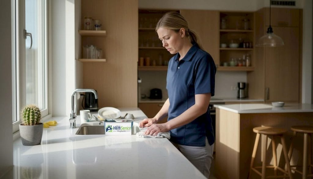 Städpersonalen går igenom vardagsrummet noggrant för att säkerställa att allt är rent och i ordning.