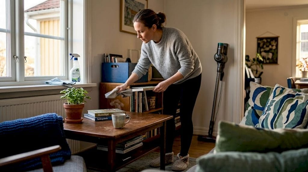 En kvinna håller på att plocka och städa i vardagsrummet hemma i sitt hus.