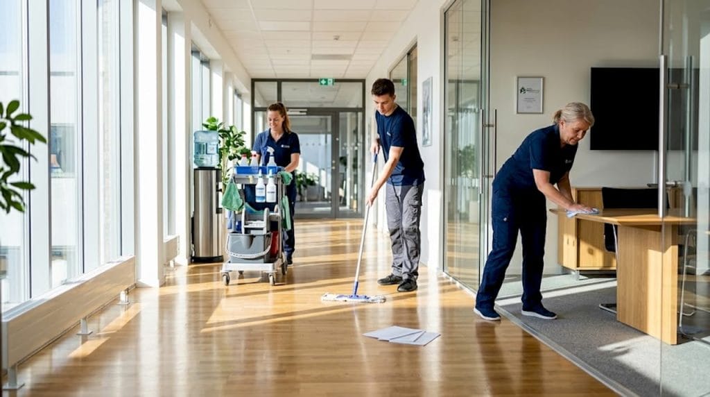En lokalvårdare städar i en av kontorets korridorer.