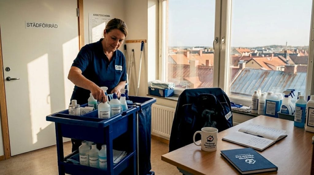 En städare gör i ordning städvagnen inför dagens arbete på kontoret.