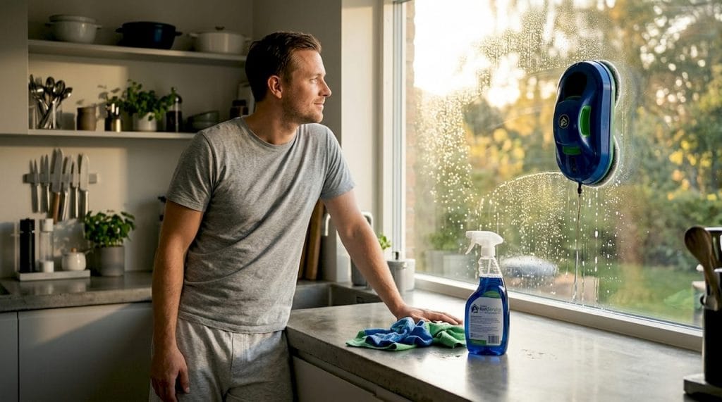 Man tittar på när fönsterputsroboten jobbar i vardagsrummet.