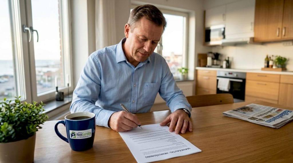 En man sitter vid köksbordet och går igenom avtalet för städfirman.