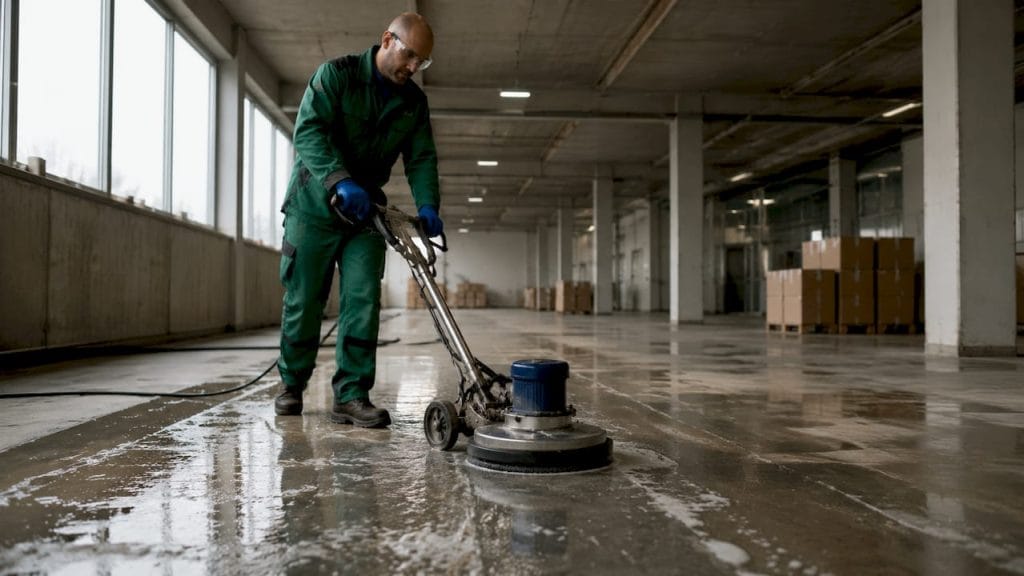En person kör en golvskurmaskin och rengör fabriksgolvet.