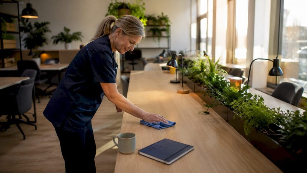 Lokalvårdaren torkar av skrivbordet på kontoret med en trasa.