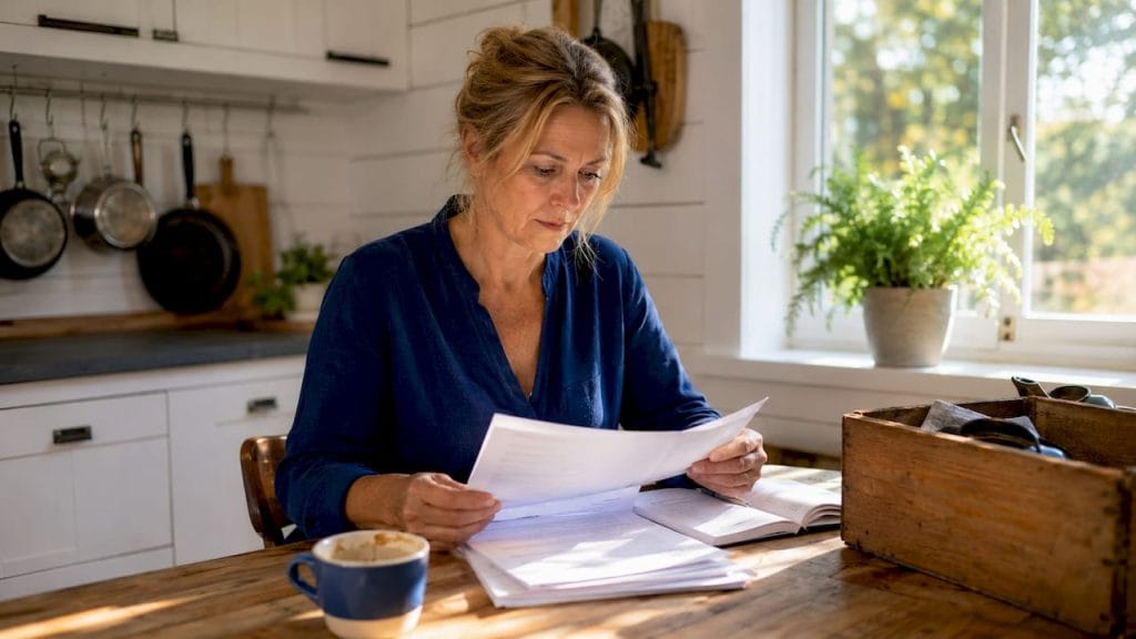 Kvinna som går igenom ett dödsbo och noggrant granskar papper och anteckningar