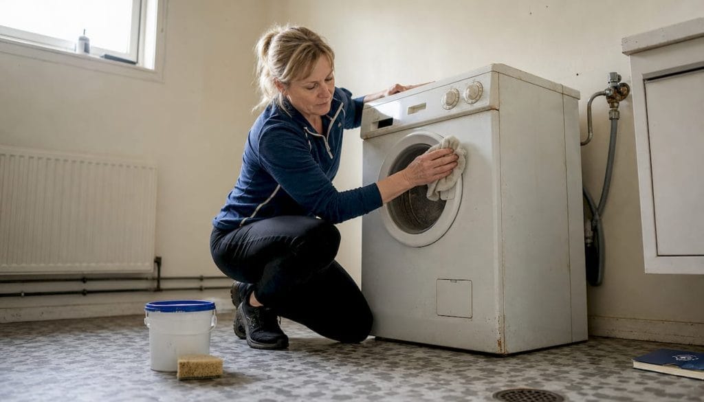Inför flytten städar kvinnan ur tvättstugan ordentligt