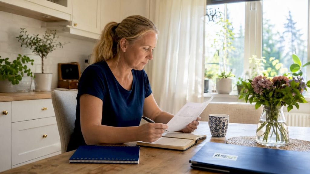 En person sitter vid sitt skrivbord och går igenom ett dokument med riktlinjer för städning.