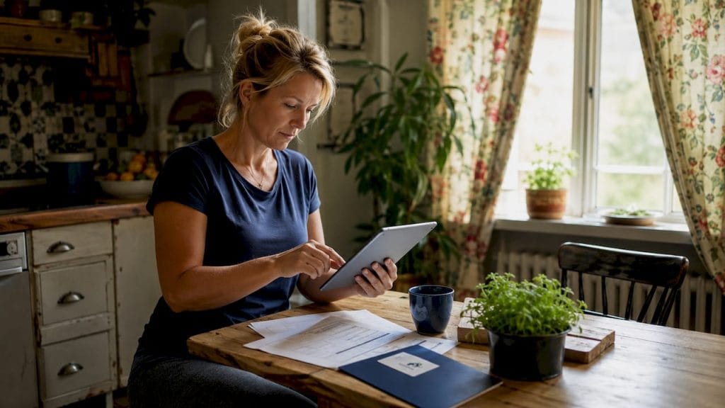 En person sitter vid köksbordet och bokar städning smidigt online.