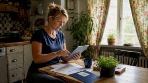 1783752777270_Person-bookar-stadhjalp-digitalt-vid-koksbord - Varbergs HemService - Varbergs HemService En person sitter vid köksbordet och bokar städning smidigt online.