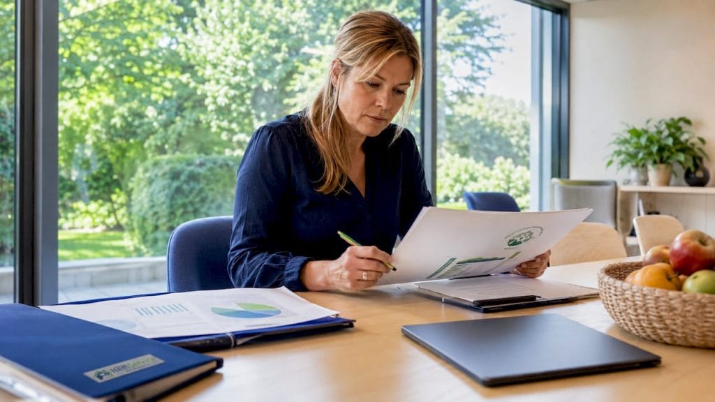 En kvinna sitter vid sitt skrivbord och går noggrant igenom dokumenten för miljöcertifiering.