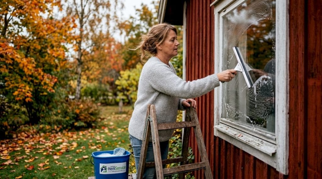 En kvinna står utomhus på en stege och putsar fönster.