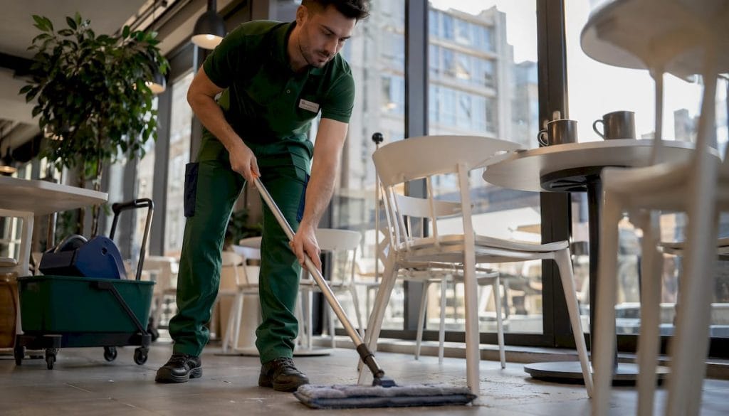 En professionell lokalvårdare städar golvet i kontorets entré.