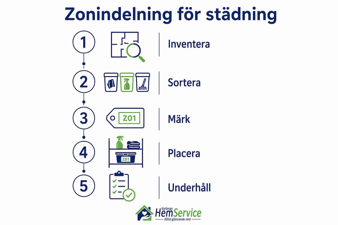 Illustration som visar hur du städar hemmet effektivt, steg för steg, med hjälp av zonindelning