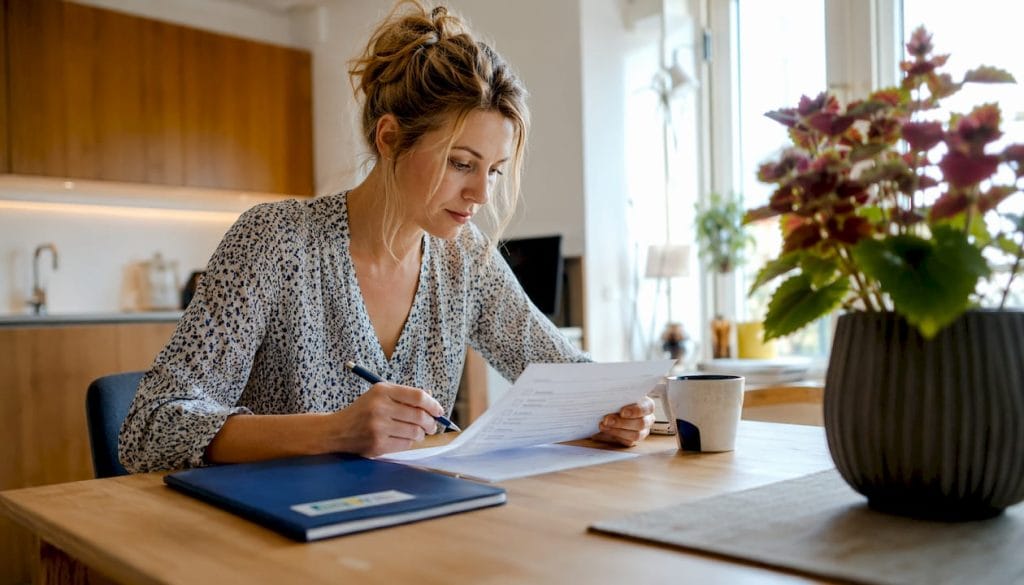 Kvinna går igenom checklistan för städrutiner vid sitt skrivbord