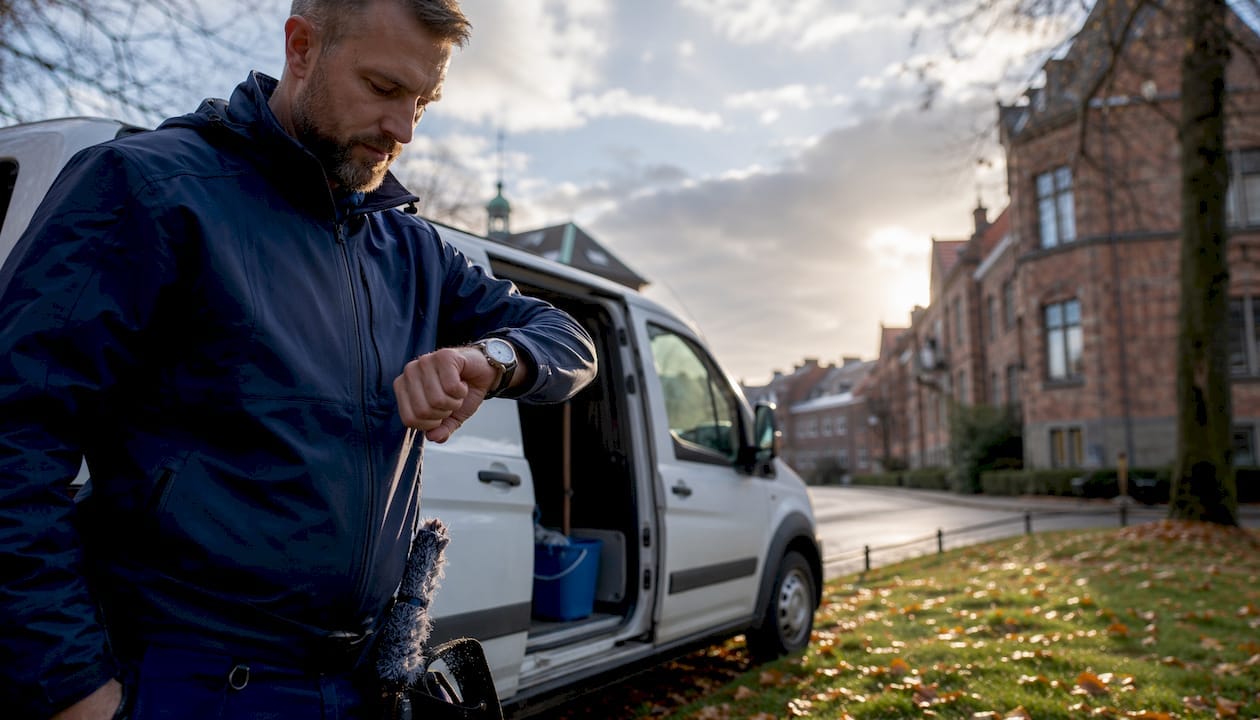 Fönsterputsaren kollar klockan och vädret innan han går ut.