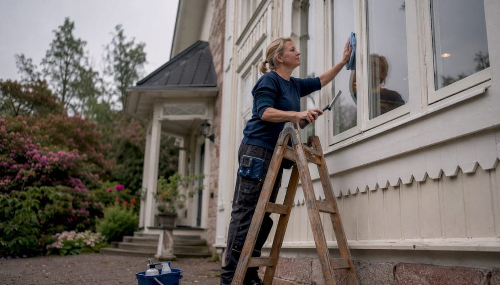 Kvinna putsar villafönster i Varberg