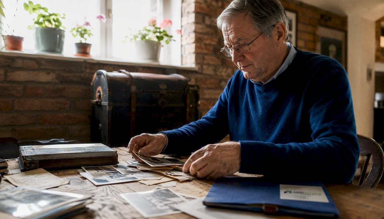 Någon sitter och bläddrar bland gamla fotografier och dokument, kanske letar efter minnen eller spår från förr.
