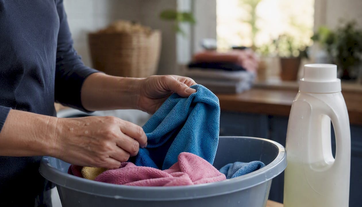 Någon stoppar in mikrofiberdukar i tvättmaskinen