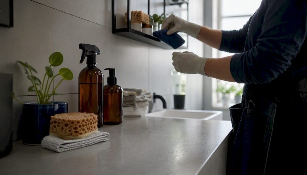 Med handskar på händerna granskar man noggrant diskhon under städningen.