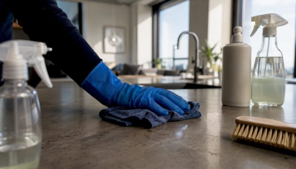 En hand med städhandske torkar av köksbänken så att den blir riktigt ren.
