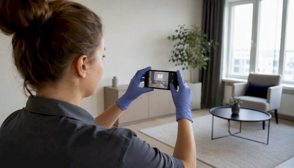 Städaren tar en bild med mobilen för att visa det skinande rena rummet.