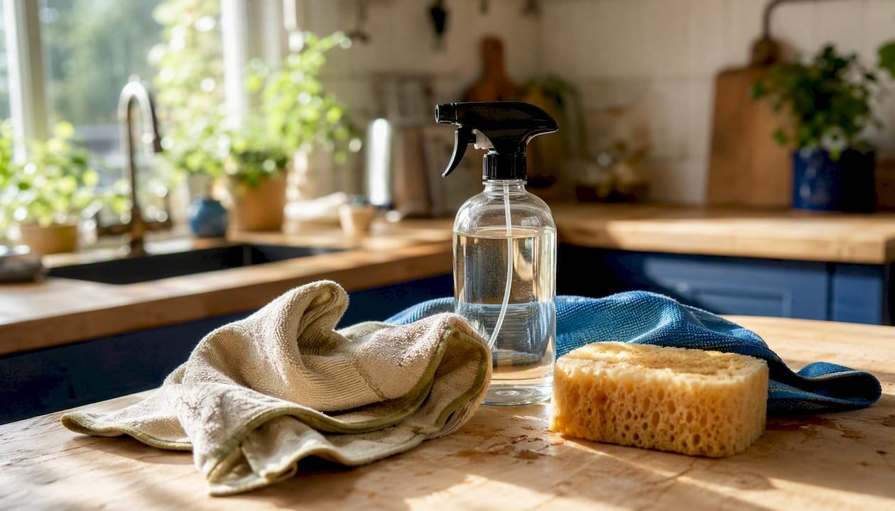 Miljövänliga rengöringsdukar och städprodukter står framme på köksbänken.