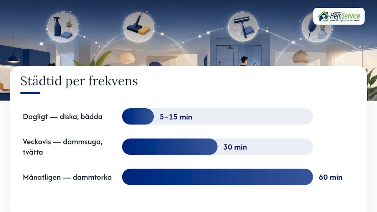 Illustration av ett städschema som visar hur ofta olika sysslor ska göras och ungefär hur lång tid de tar