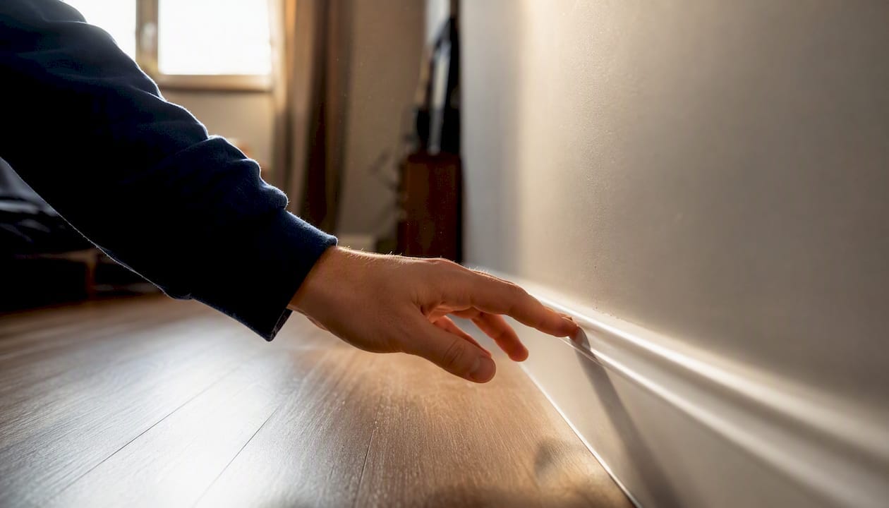 Drar handen längs golvlisten för att känna efter damm