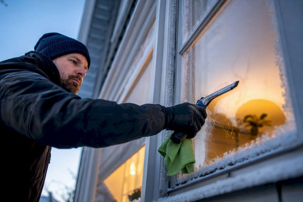 Fönsterputsning vintertid i kallt väder
