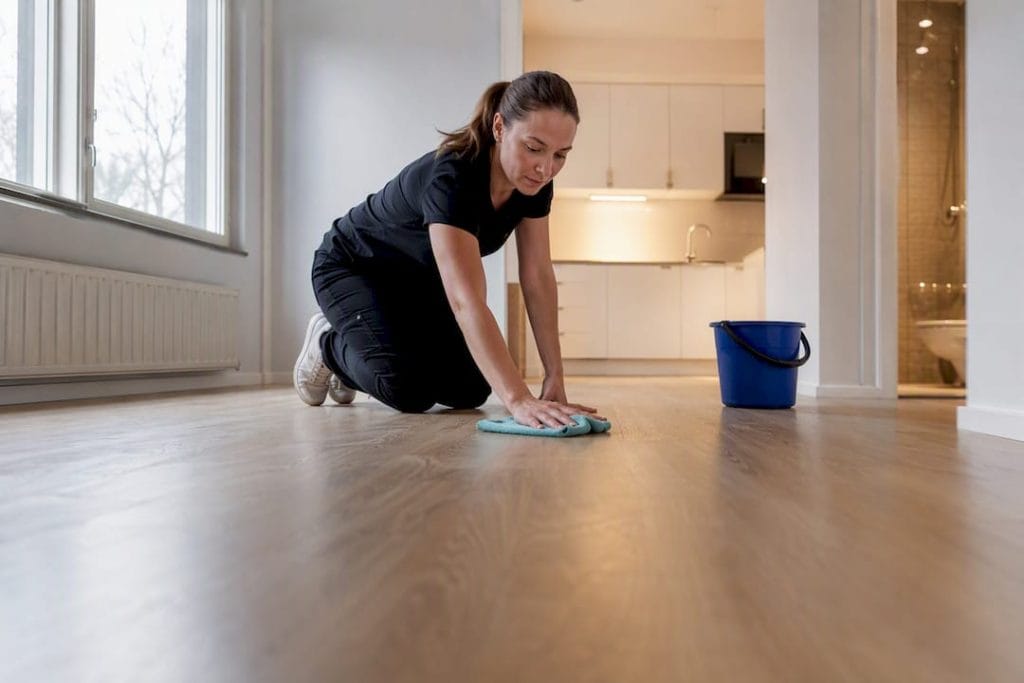 Personen gör flyttstädning i en tom lägenhet