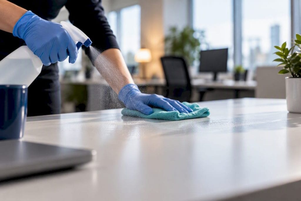 Händer desinficerar arbetsytan på ett kontor