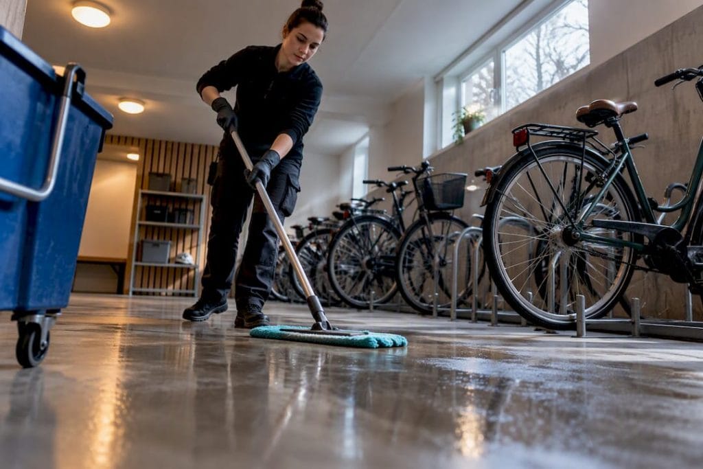 Städare moppade golvet i cykelrummet på bostadsrättsföreningen