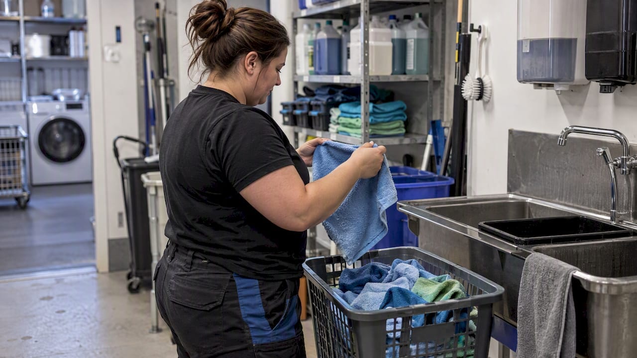 Mikrofiberdukar sorteras vid tvättstationen