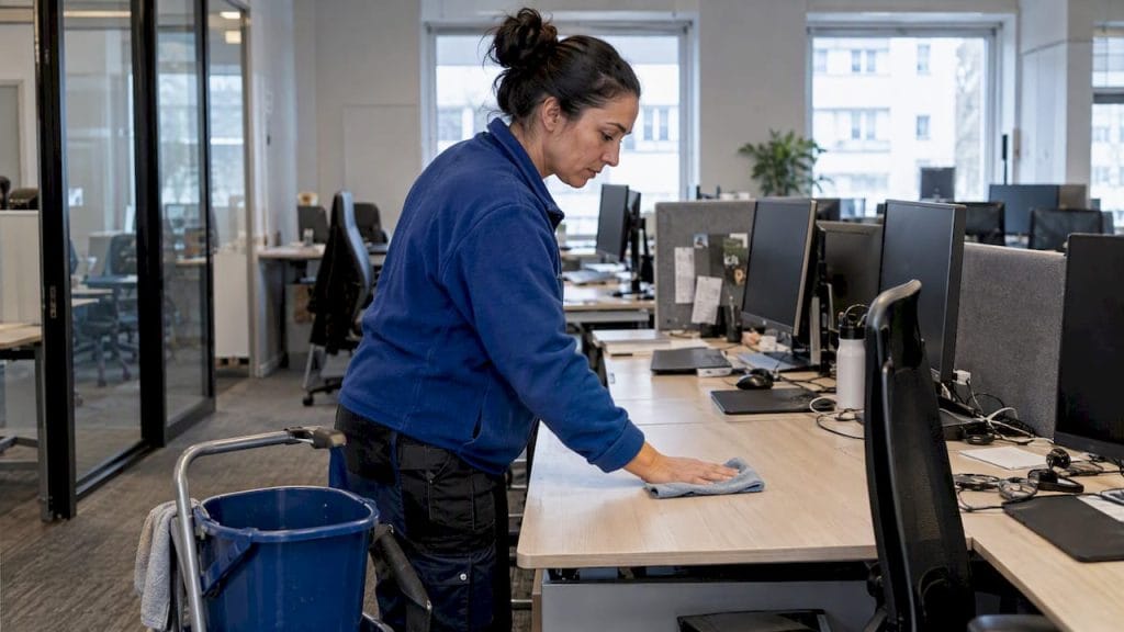 Städare torkar av kontorsytor med mikrofiberduk
