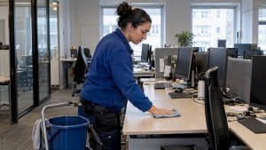Städare torkar av kontorsytor med mikrofiberduk
